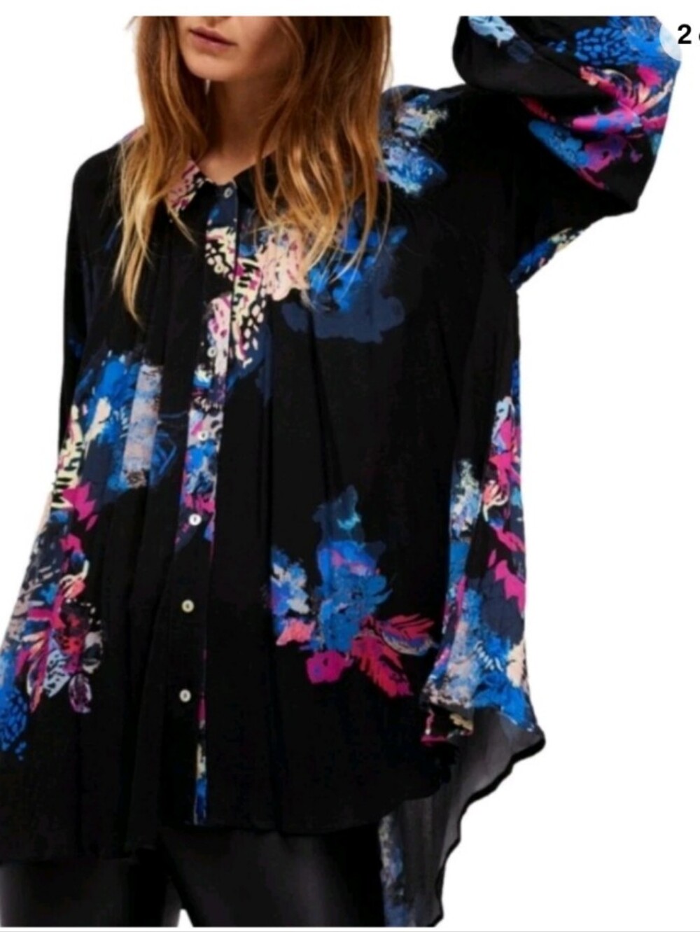 Free People Meadow Lark Peter Pan Collar Button Down Shirt Top Black Floral S